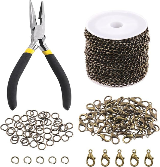 Keadic 102Pcs 30 Feet Jewelry Making Chains Kit W 3mm Metal Necklace Twisted Links Chain, Lobster Clasps, Open Jump Rings and Jewelry Pliers for Bracelet Earring Anklet DIY (Bronze)