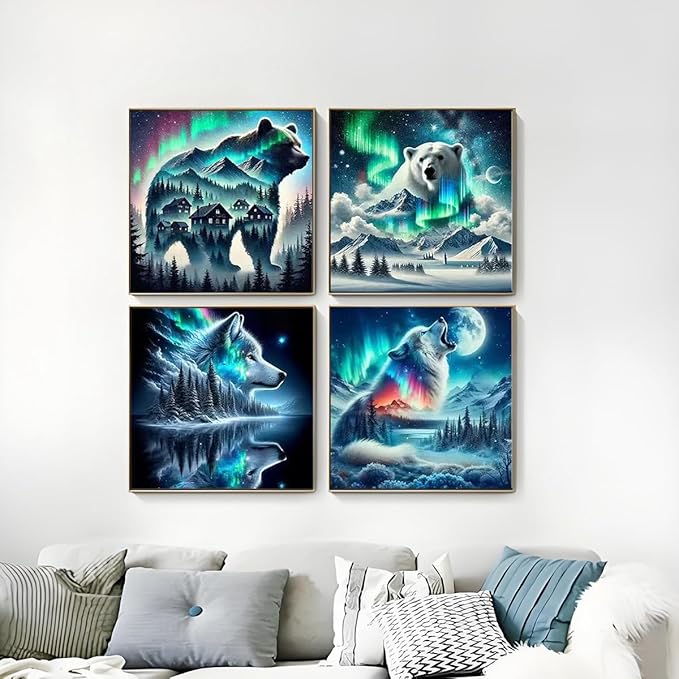 Diamond Art Kits for Adults Beginner, 4 Pack Animals DIY Diamond Painting Kits Bear and Wolf,5D Diamond Dots Gem Art Starry Sky Full Drill Funny Crafts for Home Wall Decor 12x12 Inch