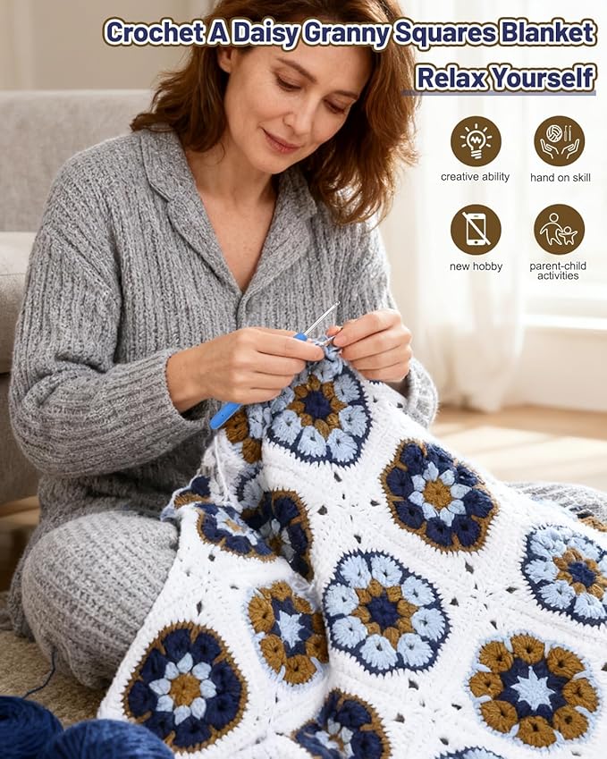 Coopay Crochet Blanket Kit for Beginners, All-in-One Granny Square Blanket Kit with Step-by-Step Video & Enough Yarns - Master Granny Square Crocheting Easily, Ideal Gift for Craft Lovers (Mocha Blue)