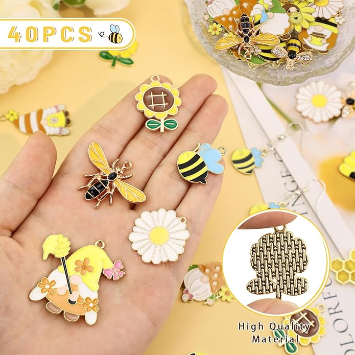40Pcs Cartoon Enamel Bee Charms Set, 20 Styles Assorted Honeybee Honeycomb & Gnome Alloy Pendants for Jewelry Making Crafts DIY Necklace Bracelet Keychain Crafting Charms Kit