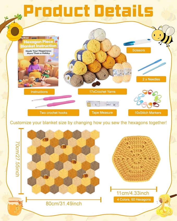 Arborthread Crochet Blanket Kit for Beginners, Honeycomb Beginner Knitting Kit w/Step-by-Step Video & Instructions for Adults & Kids