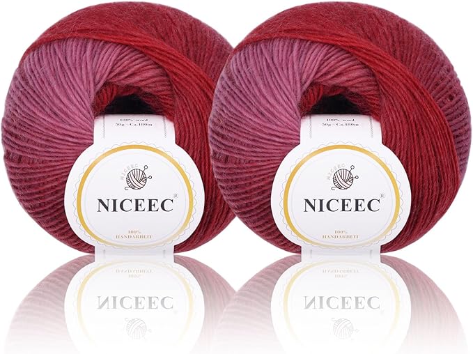 NICEEC 2 Skeins 100% Rainbow Wool Yarn Soft Gradient, Self-Striping, Colorful Single Ply Yarn for Crochet & Knitting (Total 196yds×2/1.76oz×2) - 28#