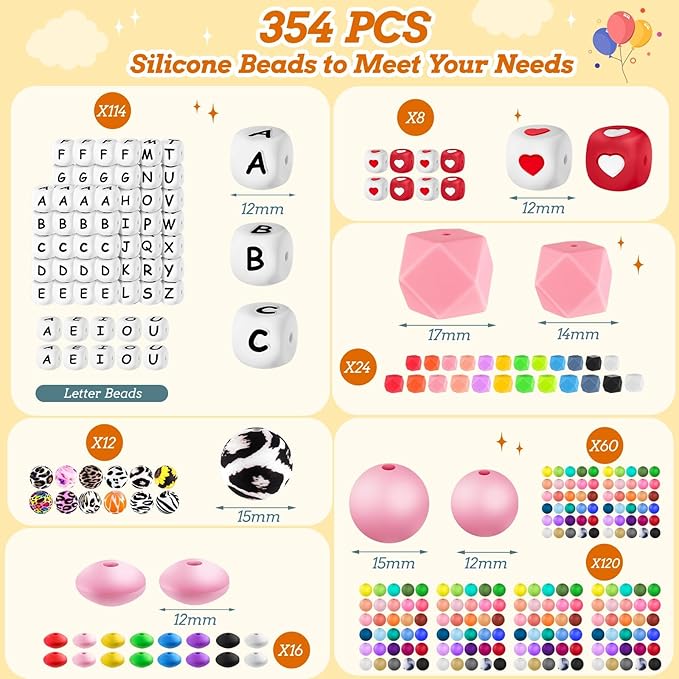 tohongadon 392 pcs silicone beads for keychain making kit, silicone letter beads, 12mm15mm round 14mm17mm polygonal 12mm lentil beads bulk, rubber bead for keychain bracelet jewelry making supplies