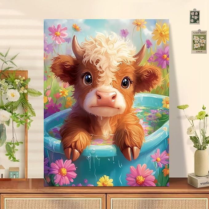 Reivworl Paint by Numbers Kit for Kids - with Frame and Easel, Cow Paint by Number Kids Age 6-8-12 Boys Girls, Paint by Numbers for Gifts and Decor (9.5X12Inch)