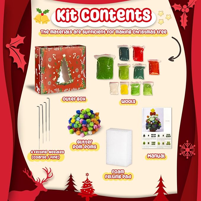 KIDS KING Needle Felting Kit for Handicraft Beginners Teens & Adults – Christmas Tree Felting with Instruction, Material Tools: Wool, Needles, Felting Pad, Home Decorations Christmas Gifts