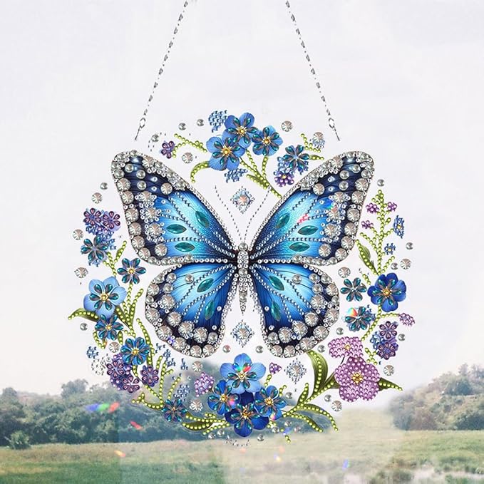 POETRYDRAW DIY Hanging Diamond Art Pendant Kit Butterfly, Special Crystal Diamonds Painting Ornament for Adults, Diamond Art Suncatchers Double Sided Board Gem Painting Box Kit