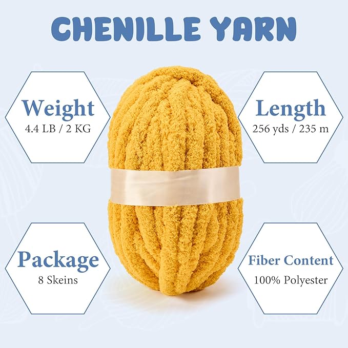 Chunky Yarn for Hand Knitting, Jumbo Chunky Yarn for Crocheting, Chunky Chenille Yarn, 8 Pack (32 yds 8.5 oz Each Skein),#7, Turmeric