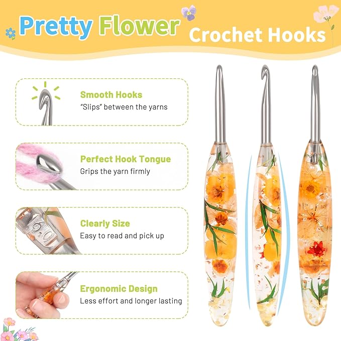 Coopay Crochet Hook Set, 9 PCS Crochet Hooks with Case (2.5mm-6.5mm), Floral Resin Grips - Beautiful & Ergonomic, Great for Crocheting Blankets, Dolls, Shawls, Hats, Scarves (C-K)