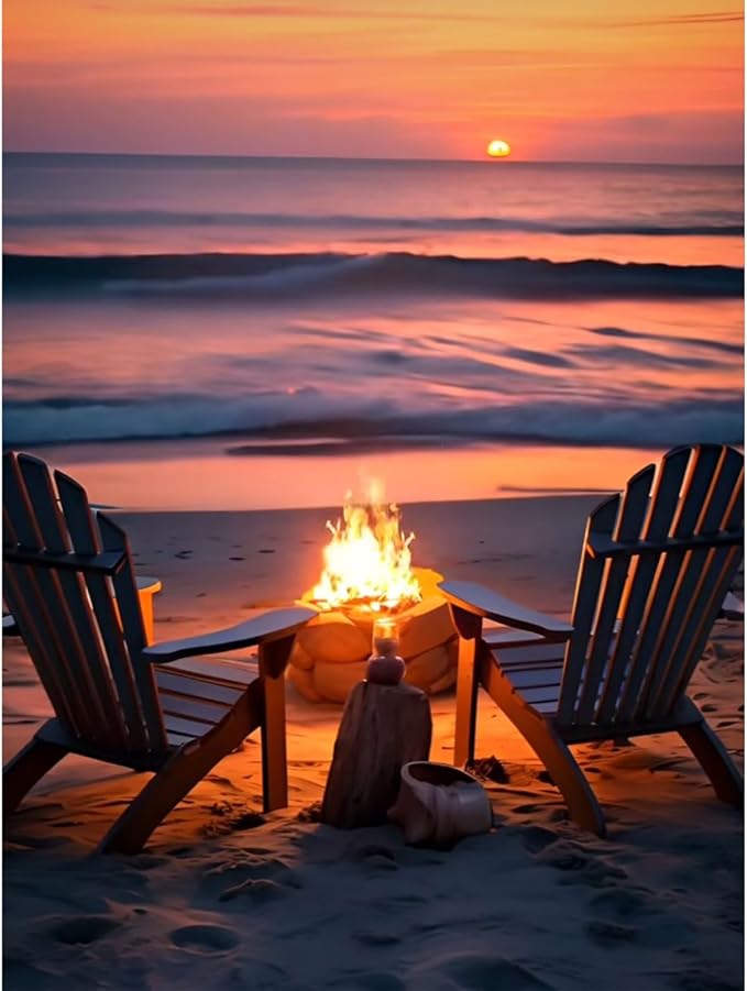 Fountor Sunset Diamond Art Kits for Adults, Beach Landscape Diamond Painting Kit for Adults Beginners, 5D DIY Campfire Diamond Painting with Round Gem Art Kits for Home Wall Decor 12x16 Inch