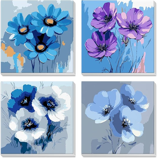 NEWENMO 4 Pack Paint by Numbers for Adults with Wooden Framed, Blue Flowers, Paint by Number Kits on Canvas for Beginner, DIY Acrylic Oil Painting Kits for Home Decor 8x8 inch, Beautiful Flowers