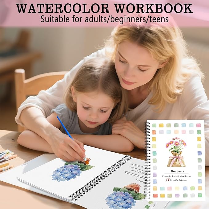 SLWBZ Watercolor Workbook Bouquets, 15 Different Patterns of Original DIY Designs, Beginner-Friendly Watercolor Workbooks, (Bouquets, Without Palette)