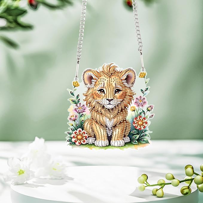 DIY 5D Diamond Painting Hanging Ornament Kit Lion Design, Handmade Acrylic Diamond Art Irregular Shape Pendant, Decorative Hanging for Home, Garden, Wall, Door, and Gift