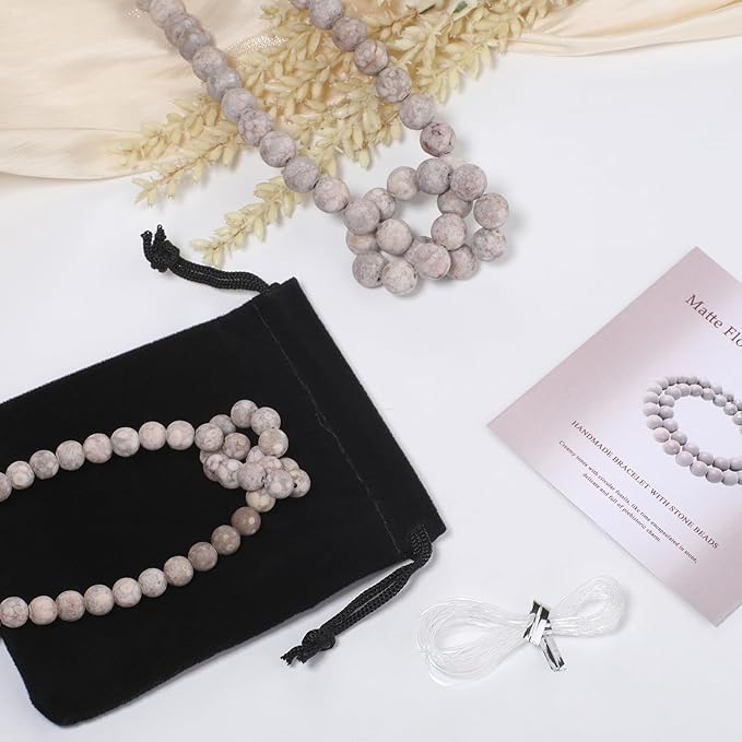 Stone Beads, 45pcs Matte Flowery Cowry Fossil, 8mm Round Loose Beads for Jewelry Making, Bracelets, with Bag, String & Card