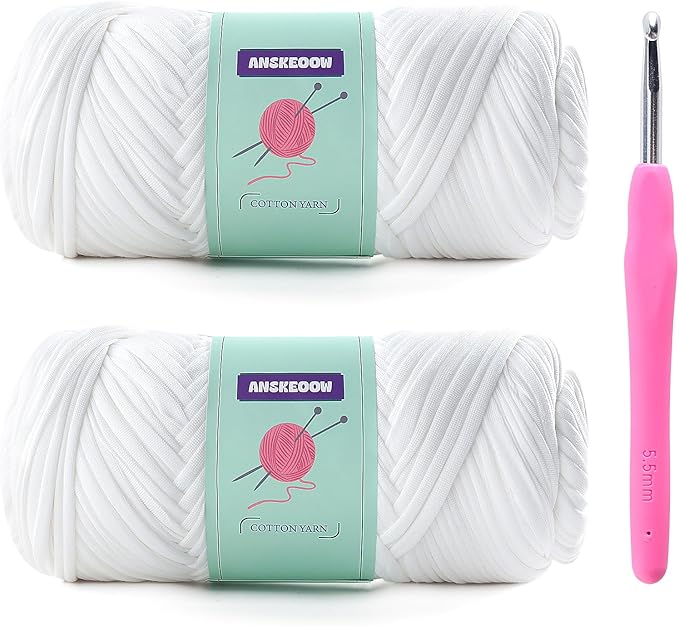 2 Skeins Tshirt Yarn for Crochet,Soft T Shirt Yarn for Crocheting Bag/Basket/Home Decor,Trapillo para Tejer a Crochet Bolsas with 1 Crochet Hook,Each Ribbon Yarn 7oz, 65yds (White)