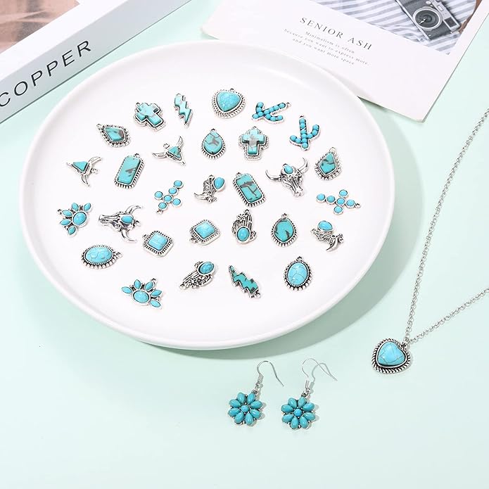 NVENF 32PCS Western Charms for Jewelry Making, Synthetic Turquoise Vintage Cactus Heart Flower Lightning Cowboy Boot Pendant for Bracelet Necklace Earring DIY Crafts