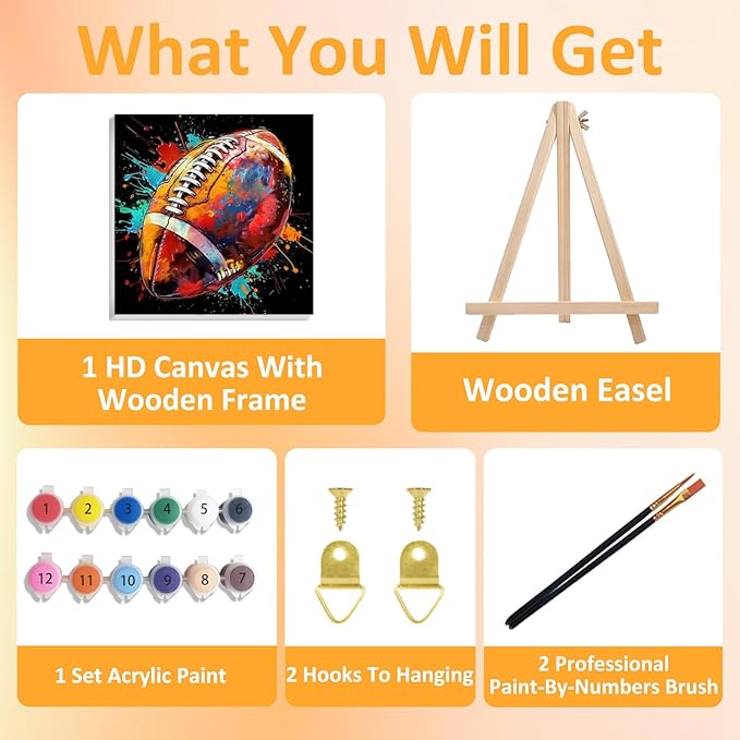 Mandun Football Paint by Numbers Kit for Kids with Frame, Football Paint by Numbers for Kids Ages 4-8-12,Oil Painting for Home Wall Art Decor Gift 7.8x7.8 inch (with Frame Easel)