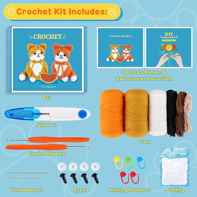 Crochet Kit for Beginners, 2PCS Cat Crochet Animal Kit with Step-by-Step Video Tutorials, Beginner Crochet Kit for Adults, Crochet Starter Kit for Women, Learn to Crochet Cats, Gifts for Birthday