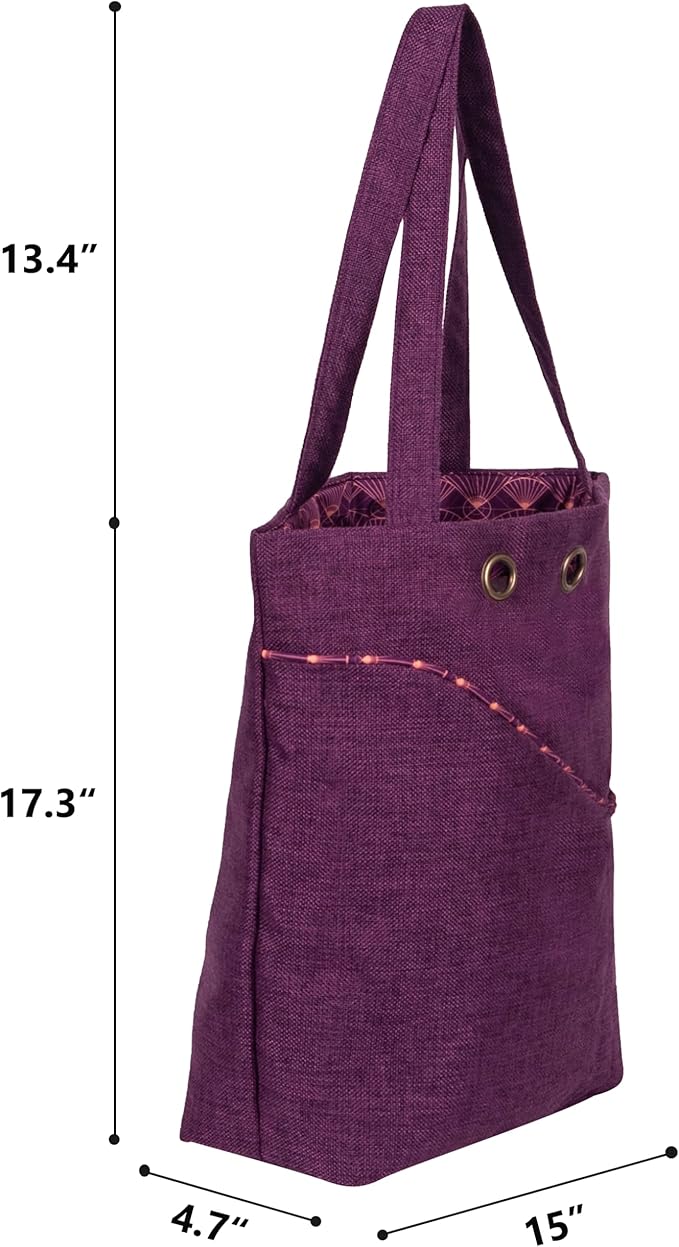 Linen Knitting Project Tote Bag,Portable Yarn Storage Bag for Crochet Accessories/Needles,Crochet Hooks Organizer,Knitting Bag for Crochet Lovers (Purple)
