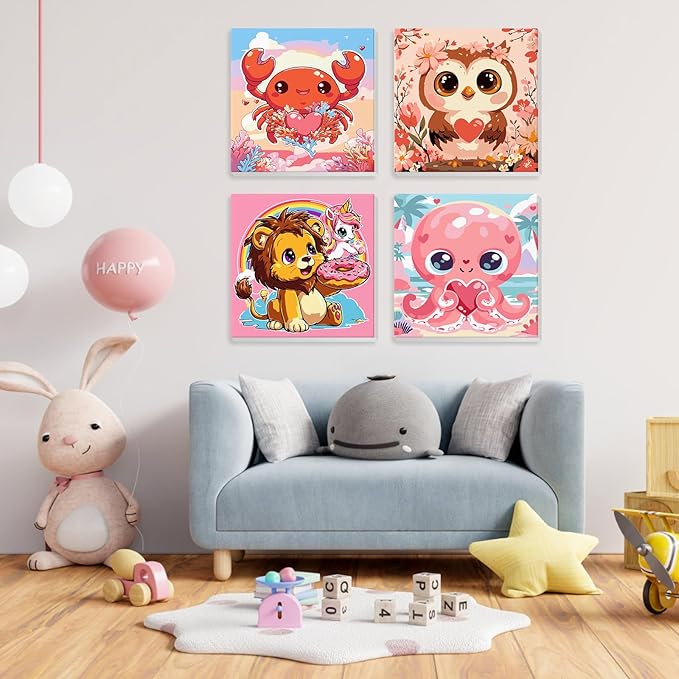 4 Pack Paint by Number for Kids with Wooden Frame, Cute Crab, Pretty Owl, Lion, Octopus Paint by Numbers for Kids Ages 8-12, Cartoon, DIY Acrylic Oil Painting Beginners for Home Wall Decor 8X8 inch