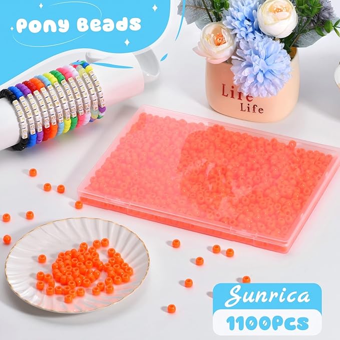 sunrica 1100pcs orange pony beads 6x9mm large hole plastic beads for kandi, hair braids, keychains, friendship bracelets