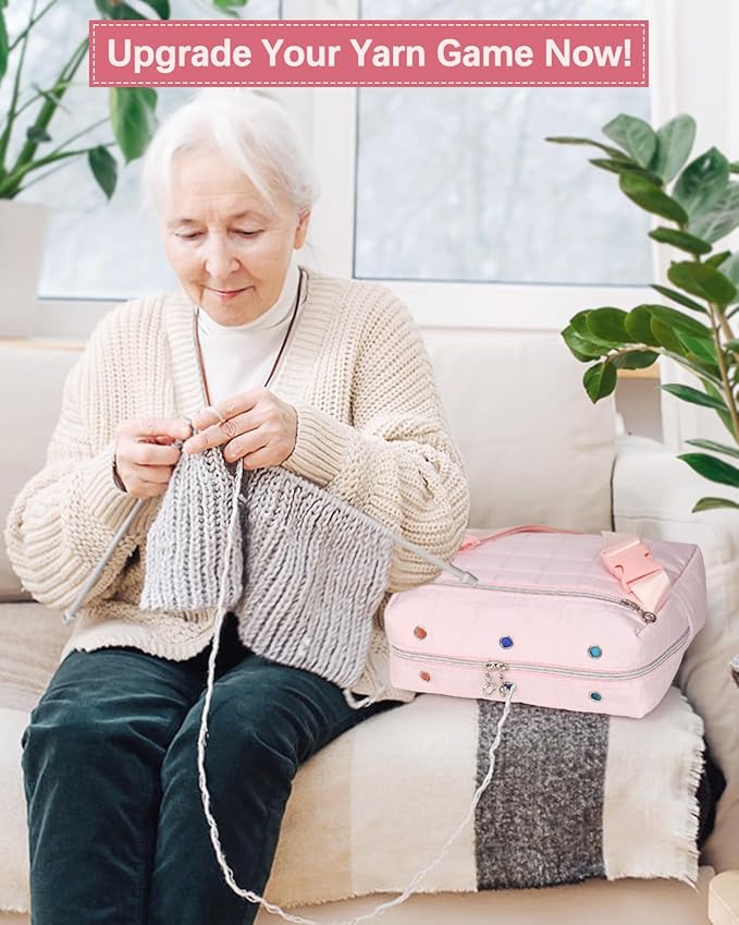 Aeelike Yarn Storage Organizer Travel Crochet Bag, Crossbody Yarns Bags Knitting Bag for Carrying Projects, Knitting Needles,Crochet Hooks and Yarn, Pink