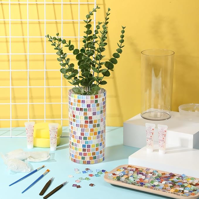 LemonRoad 2 Set DIY Mosaic Vase Kit Gifts for Adults Acrylic Cylinder Vases Arts and Crafts Kit with Complete Craft Accessories Supplies for Handmade Home Decor Painting Mosaic Lovers Birthday Gifts