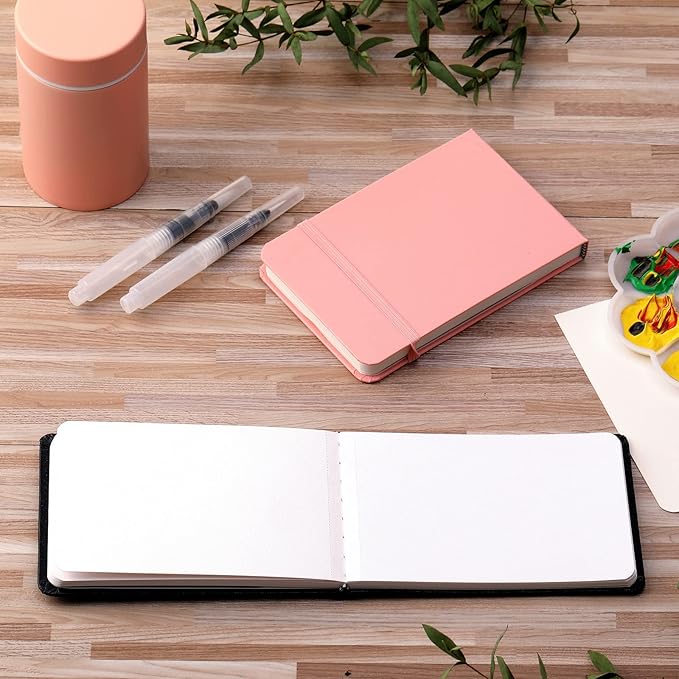 Teling 2 Pcs Watercolor Sketchbook with 3 Brush Pens 5.5" x 3.7", 140lb/300gsm Paper, Small Portable Travel Watercolor Journal, Pocket Notebook with Folding Pockets, Tear Away Pages with Dotted Line