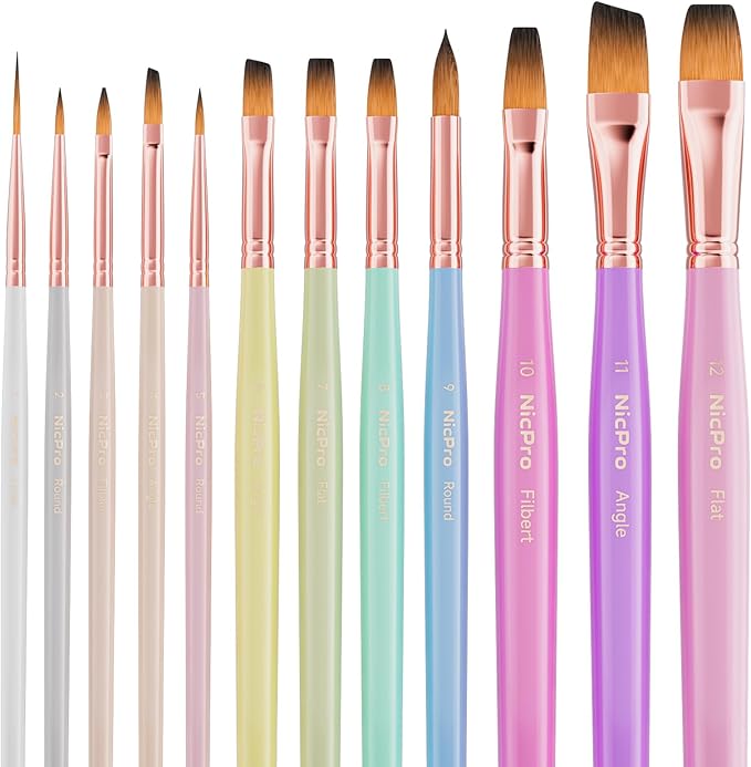 Nicpro 12pcs Artist Paint Brush Set, Aesthetic Pastel Paintbrushes Craft Paint Brushes for Acrylic Painting, Oil, Watercolor, Gouache, Tempera, Face, Body, Art Supplies for Artists and Beginners