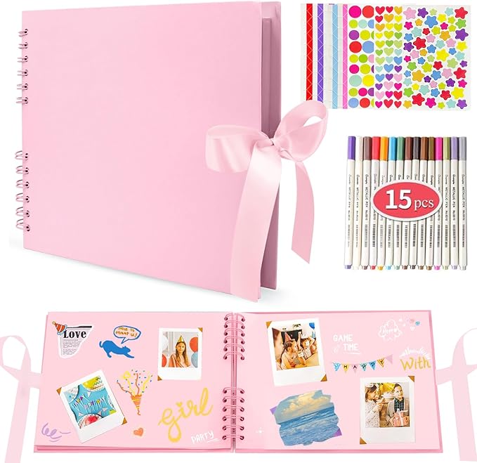EVNEED 11.5 x 8.5 Inch Scrapbook Photo Album,Wedding Guest Book Anniversary Memory Scrapbooking,Wedding Photo Album with DIY Accessories Kit for Craft Paper DIY,Xmas Gift,80 Pages (40 Sheets),Pink
