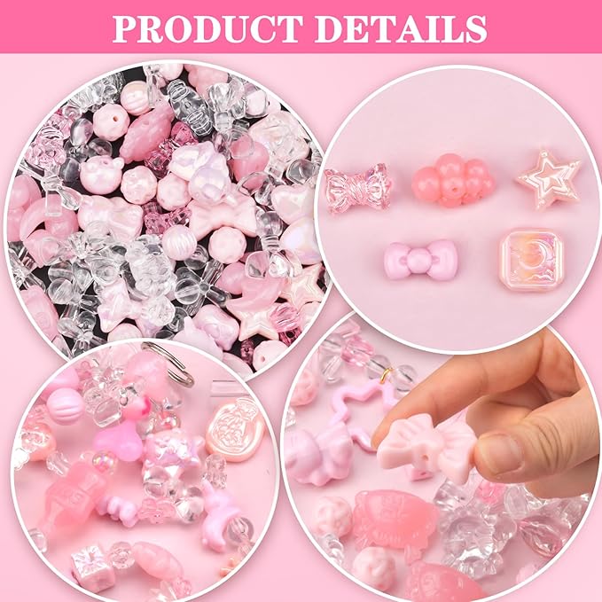 ABONDEVER 245-300Pcs Assorted Acrylic Beads for Bracelets Making Cute Star Bow Flower Candy Heart Gummy Bear Butterfly Beads for DIY Jewelry Crafts Keychain Necklace Phone Charms(Pink)