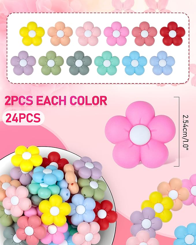 24PCS FIVEIZERO Silicone Focal Beads,Flower and Cute Charms for DIY Keychains, Pens, Bracelets, Necklaces, Lanyards, Beaded Pens, and Crafting Supplies,Ideal for Keychain Making and Creative Designs