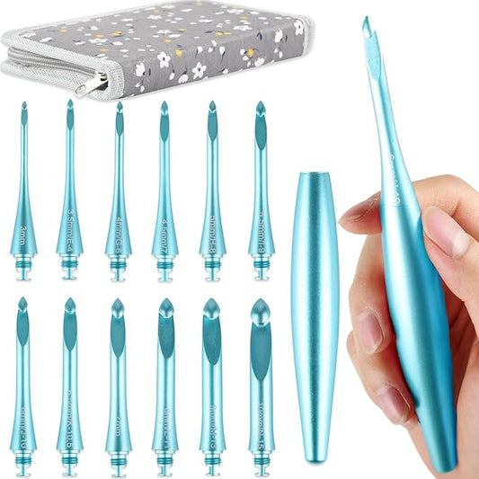 Svartur Interchangeable Crochet Hook Set with 12 Hooks – Ergonomic Crochet Hooks Large Handle, US Sizes E-4 to N-15 (3mm–10mm), Smooth & Lightweight, Crochet Kit with Storage Case, Blue