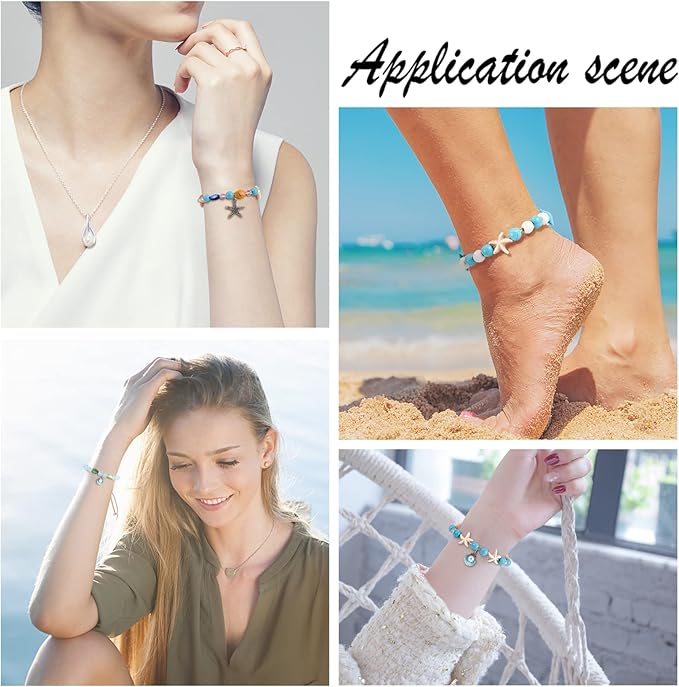 SUNNYCLUE 1 Box 6 Pcs Boho Style 8mm Summer Ocean Turtle Beads Adjustable Beading Bracelet Making Kit Synthetic Turquoise Starfish Beads for Jewelry Making Sea Shell Charms Alloy Starfish Charm