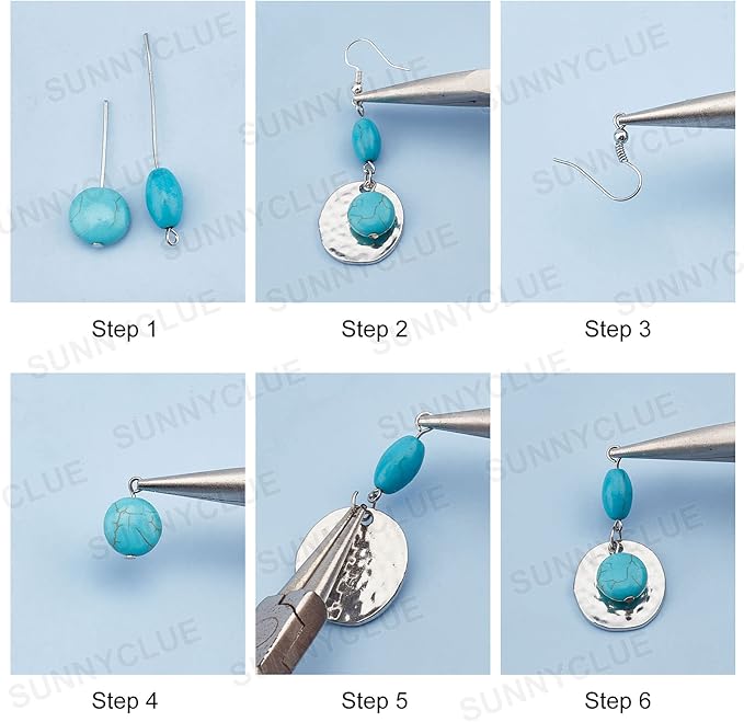 SUNNYCLUE 1 Box DIY 10 Pairs Turquoise Beads Earring Making Kit 8 Shapes Turquoise Beads Charms Hammered Feather Heart Pendants & Earring Hooks for Jewelry Craft Supplies Adults Women
