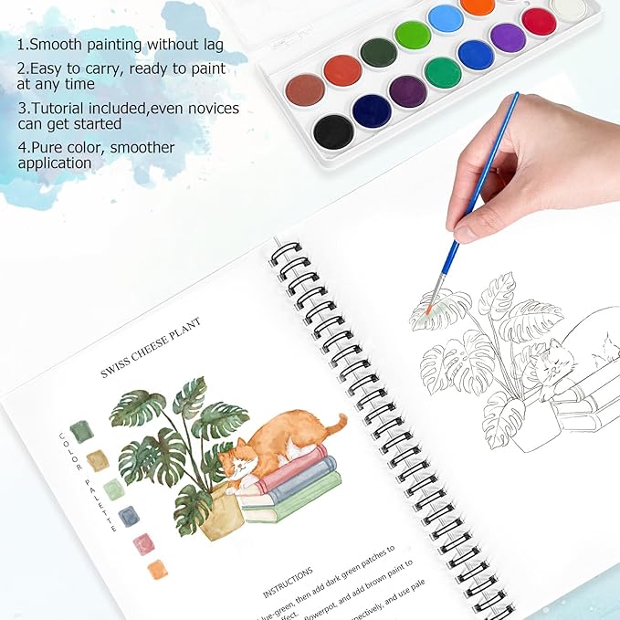 Watercolor Workbooks, 16 Colors Water Color Books Paint Set for Adults, Watercolor Coloring Book for Beginners, Water Color Workbook, 15 Beautiful Paintings for Beginners (Plants)