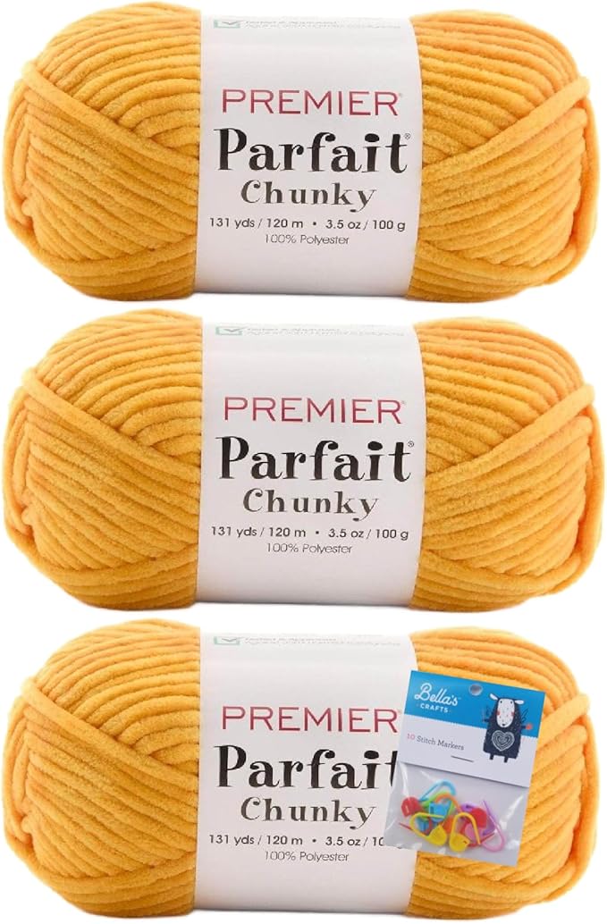 Premier Yarns Parfait Chunky Chenille Yarn 3.5 Oz 6 Super Bulky Weight 3 Pack Bundle with Bella's Stitch Place Holders (Maize)