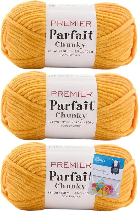 Premier Yarns Parfait Chunky Chenille Yarn 3.5 Oz 6 Super Bulky Weight 3 Pack Bundle with Bella's Stitch Place Holders (Maize)