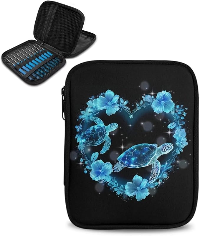 Hechitok Turtle Floral Crochet Hook Case Zipper Storage Organizer Bag with Pockets for Various Crochet Needles/Knitting Accessories/Crochet Hook Kit Tools