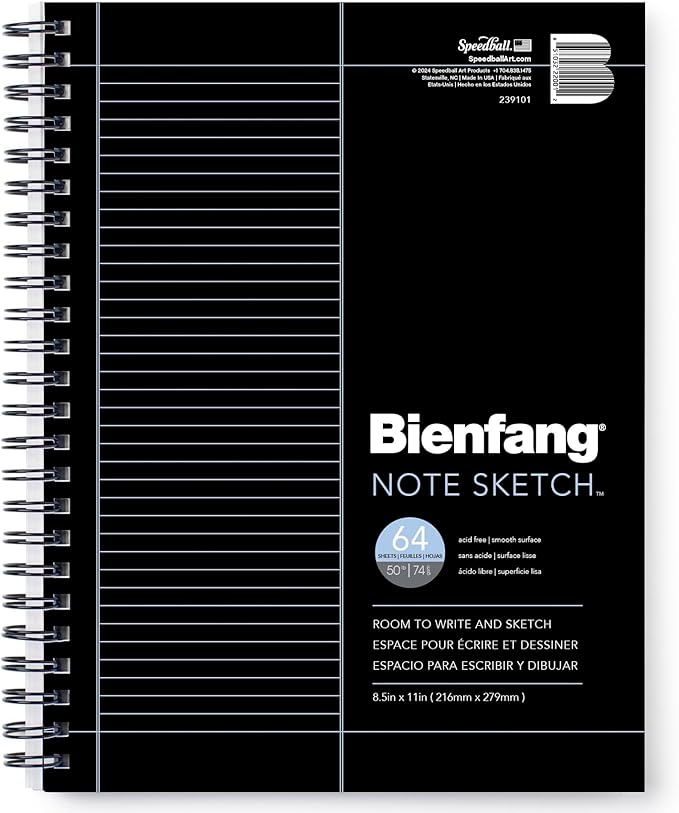 Bienfang NoteSketch - Half-Lined Half Blank Notebook - 8.5 in. x 11 in. Sketch & Note Taking Paper Pad, 64 Sheets Spiral Wire Bound Sketchbook for Students, Artists & Writers, White