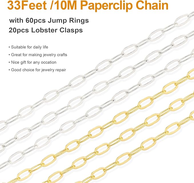 Kyutong 32.8 Feet Gold and Silver Jewelry Making Chains 2 Rolls Paperclip Chain Necklace with Clasps for Women DIY Jewelry Crafts