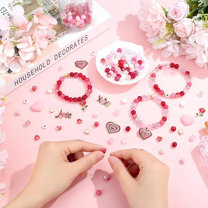 DUQGUHO Valentine's Day Beads for Jewelry Making, 8mm Red Pink White Glass Beads for Bracelet, Heart Beads Gold Bead and Sweet Heart Charms for Bracelet Necklace Crafts DIY 580PCS