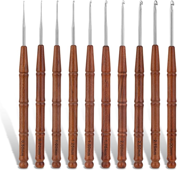 Wuadua 0.5-3mm Crochet Hook Set, 10Pcs Ergonomic Crochet Hooks with Wooden Handle for Arthritic, Ideal for Lace Thread and Fine Cotton Yarn, Perfect for Crocheting Coasters, Tablecloths, Placemats