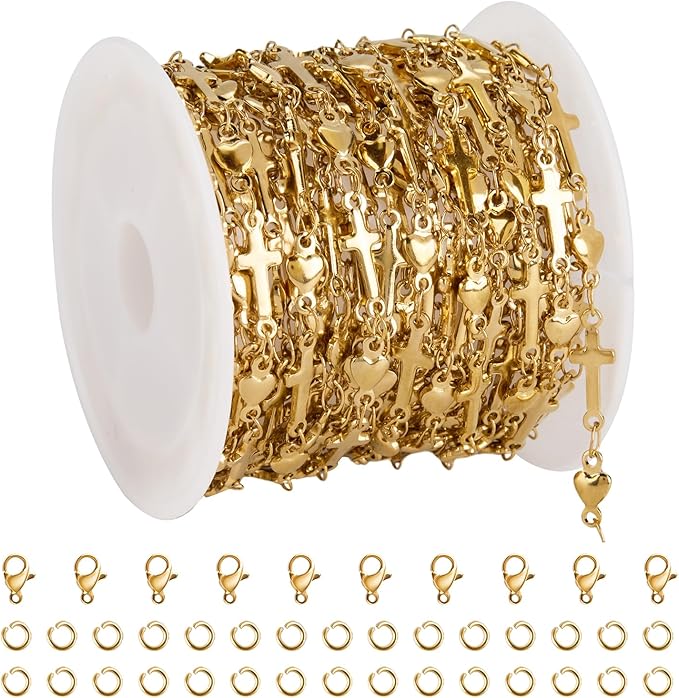 YOUBEIYEE 4 Meters Gold Plated Cross Heart Chains for Jewelry Making Stainless Steel Jewelry Making Chain Roll