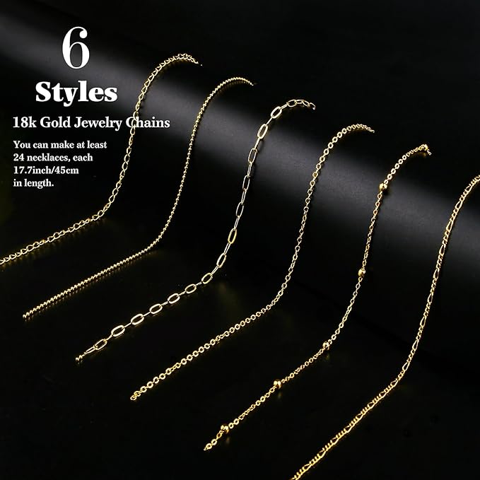 18k Gold Necklace Chains for Jewelry Making, 39.3 Feet 6 Rolls Bracelet Chains for DIY,6.5Feet Each Style, Gold Chain with Jump Rings/Lobster Clasps/Connectors
