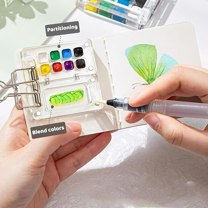 Mini Watercolor Paint Set Pocket Artist Watercolor Travel Set with Mini Paint Palette,Brushes, 12 Colors, Watercolor Sketchbook for Artists Painters Students(Plastics)