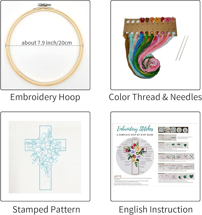 Louise Maelys Cross Lily Pattern Embroidery Starter Kit,Cross Stitch Kits for Adults with Embroidery Hoop Needles Threads Instruction -Easter Jesus