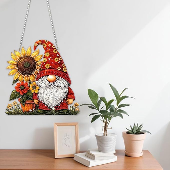 NAIMOER Diamond Art Hanging Kits for Adults Gnome Sunflower 5D Special Shaped Rhinestone, DIY Acrylic Diamond Art Painting Window Pendants Home Garden Wall Hanging Ornament Kits, Double Sided
