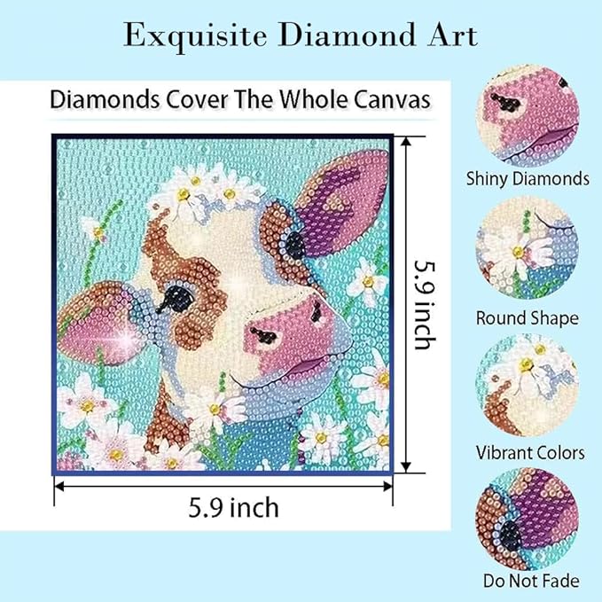 PERFECTSIGHT Cute 5D Diamond Art Kits with Wooden Frame, Kawaii DIY Painting Art for Adults, Diamond Arts and Crafts Sets, Big Gem Full Drill Diamond Dots for Women Beginners (Cow)