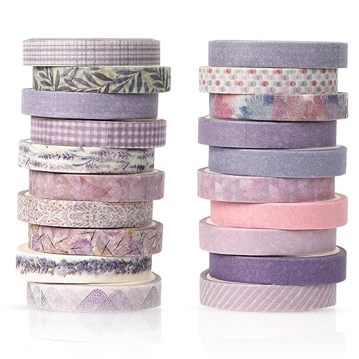 Washi Tape Set 20 Rolls Cute Vintage Washi Tape Decorative Tapes Adhesive Craft Washy Pattern Tapes for Scrapbooking Arts DIY Crafts Journal Planners Gift Wrapping Junk Journal Supplies, Purple