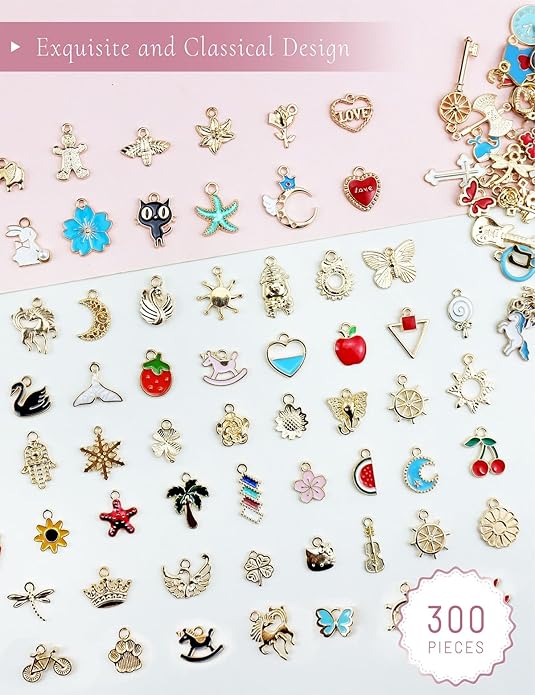 JIALEEY 300Pcs Assorted Gold-Plated Enamel Charms for Jewelry Making - Earring, Necklace, Bracelet